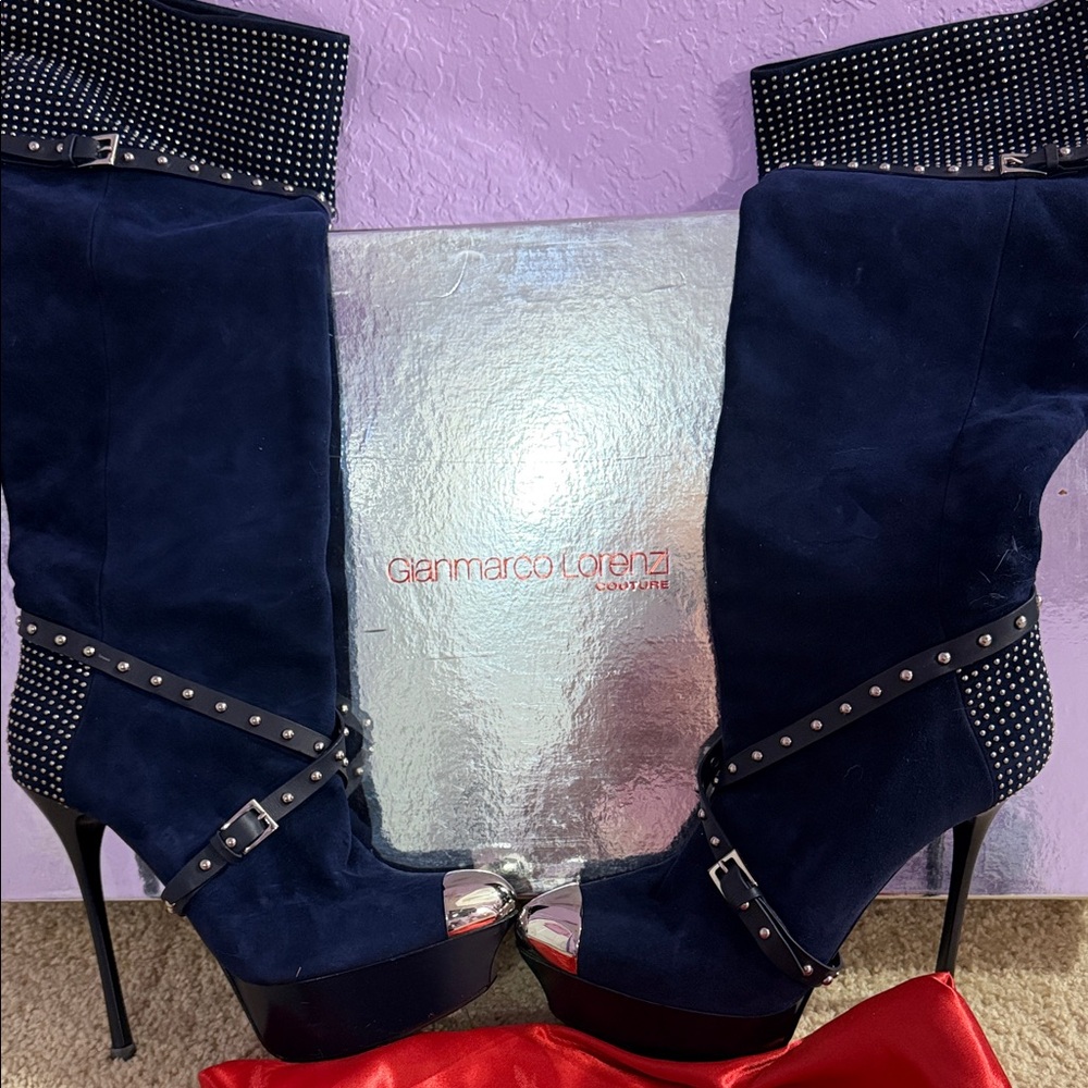 Gianmarco Lorenzi Navy Heeled Boots with Studded Details